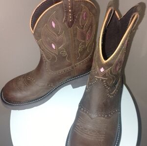 Brown Western Boots with Pink and Yellow Embroidery